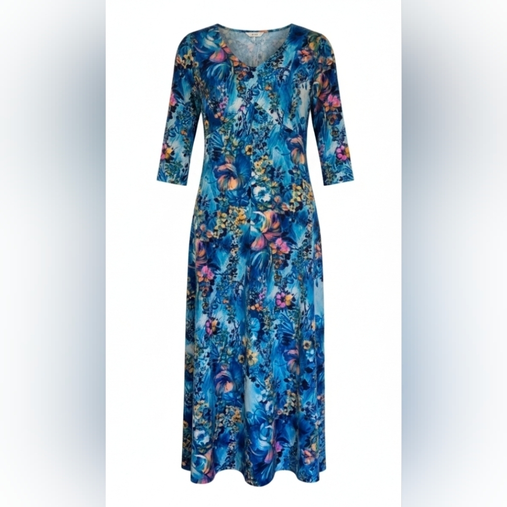 Vintage Handmade 60s/70s ¾ Sleeve A-line Blue Tropical Floral Fit Flare Dress